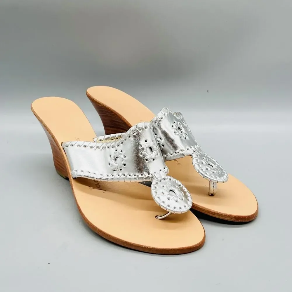 Jack Rogers Sandals Womens 7 Silver Leather Thong Medallion Wedge Heel Shoes